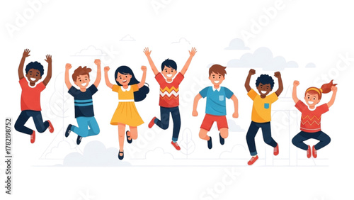 Diverse Group of Joyful Children Jumping in Celebration with Arms Raised in the Air
