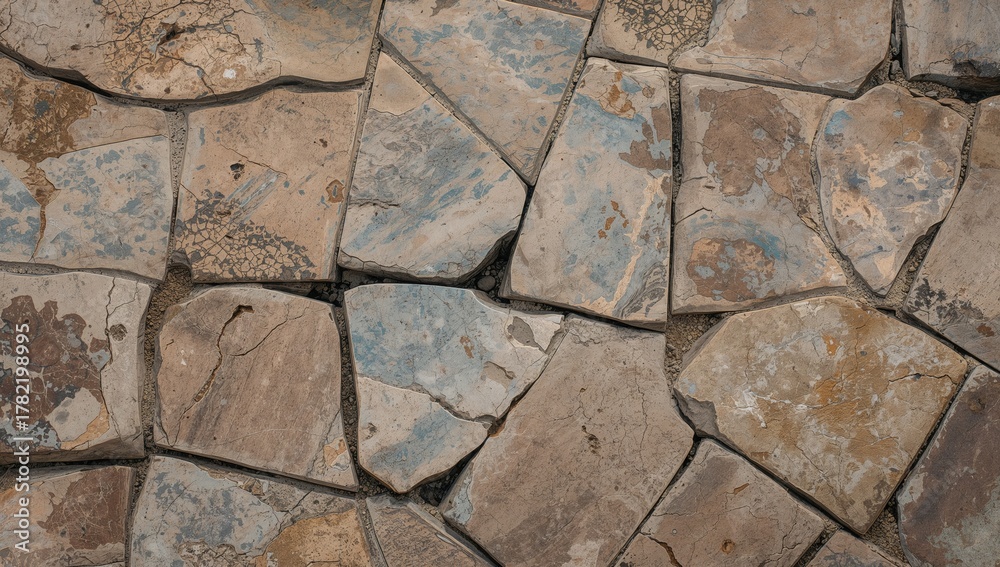 Fototapeta premium Stone pavement texture, natural river stones set in concrete, earthy design for background layout