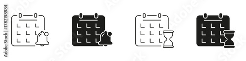 Calendar With Bell And Hourglass Solid Icon Set. Event Reminder, Deadline Management, And Time Tracking Silhouette Symbol Collection. Schedule Planning And Alert System. Isolated Vector Illustration