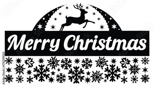 Merry christmas text with a leaping reindeer silhouette and festive snowflakes border on a white background