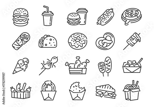 Fast food icons. Set of 20 fast food trendy minimal icons. Burger, Pizza, Donut, Taco, Fries icon. Design signs for web page mobile app packaging design. Vector illustration