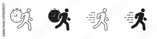 Running With Stopwatch Solid Icon Set. Time Management, Speed, And Efficiency Outline And Silhouette Symbol Collection. Productivity And Deadline Awareness. Isolated Vector Illustration
