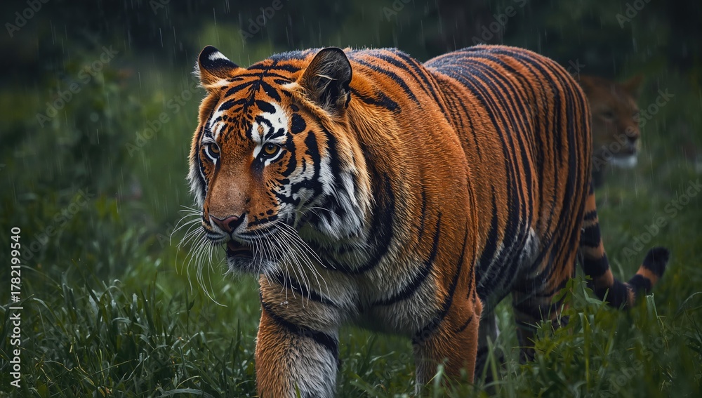 Obraz premium Tiger strolling through wet weather on a lush green backdrop