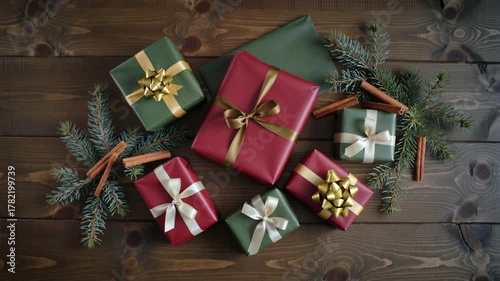 Christmas gift boxes with pine branches and cinnamon on wooden table