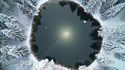 Frozen forest lake from above, surrounded by snowy trees