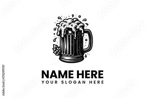 Hand-drawn illustration of a frothy beer mug with hop for a logo, customizable text for a brewery or pub