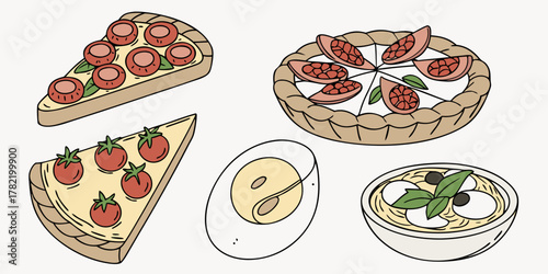 Illustration of pizza slices, tart, boiled egg, and pasta in a bowl drawing