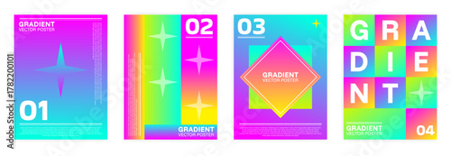 Gradient futuristic poster. Neon modern design. Hallucinogenic star shapes. Bright business minimal creative card, trendy background. Geometric gradient of print. Vector typography garish template