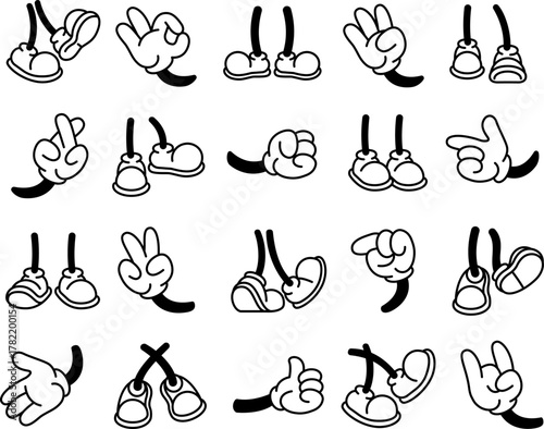 Cartoon hands and feet elements. Large set of retro cartoon glove hands and shoes. Perfect for sticker design, character art, streetwear, and bold visual projects. Vector illustration