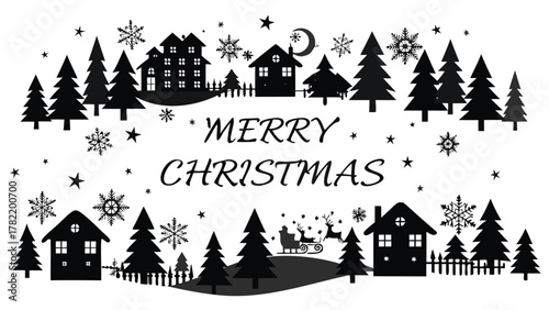 Whimsical black silhouette christmas scene with merry christmas text and santa sleigh