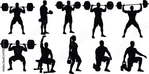 Weightlifting silhouettes, strength training poses, gym workout icons, flat vector, CAD drawing, fitness scene, editable illustration set