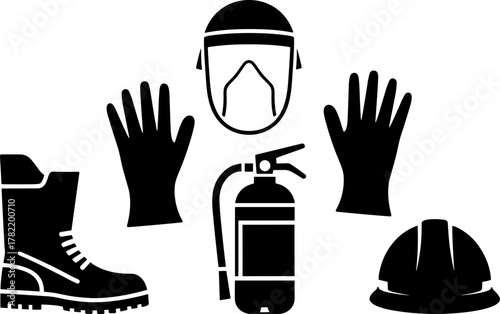 Collection of safety equipment and firefighting gear isolated on white background