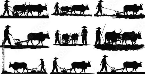Traditional farming silhouettes with oxen, conical hat farmers, rural agriculture scene, flat vector, CAD drawing, editable illustration set