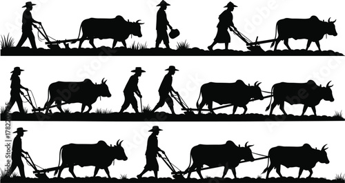 Traditional farming with oxen silhouettes, rural agriculture scene, black icons, flat vector, CAD drawing, plowing field, editable illustration set