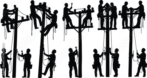 Utility workers, electrical pole repair, silhouette crew, hazardous job, safety gear, teamwork, infrastructure maintenance, skilled labor, flat vector illustration