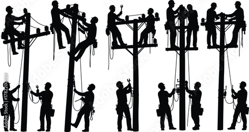  Utility workers, electrical pole maintenance, silhouette crew, safety gear, hazardous job, teamwork, infrastructure repair, flat vector, installation, skilled labor