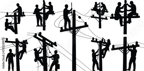 Utility workers, power line maintenance, electrical pole repair, safety gear, silhouette crew, infrastructure service, teamwork, flat vector, installation, engineering