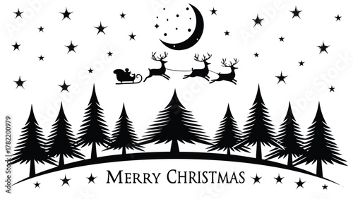 Silhouette of santa claus flying his reindeer sleigh across a starry night sky over a pine forest with merry christmas text