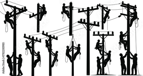 Utility workers silhouette, electrical pole climbing, safety harness, transformer repair, teamwork, field maintenance, overhead wire installation, black illustration - flavector
