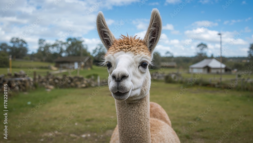 Naklejka premium Alpaca, a domesticated animal known for its wool, showcasing its slender body and prominent ears, reflecting cultural significance
