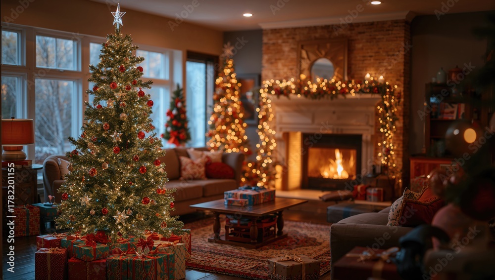 Fototapeta premium Christmas ornaments adorning a whimsical tree, a warm fireplace, and wrapped gifts, festive ambiance