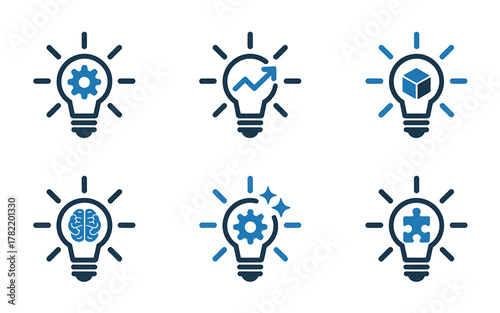 Set of light bulb icons representing various innovative ideas such as progress solution engineering creativity and development