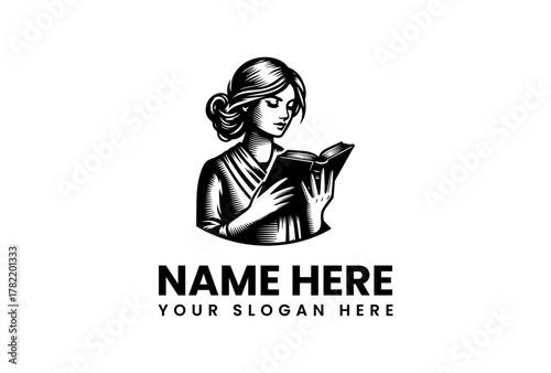Elegant monochrome illustration of a woman engrossed in reading a book, symbolizing wisdom, learning, and intellectual pursuit, perfect for academic or literary branding