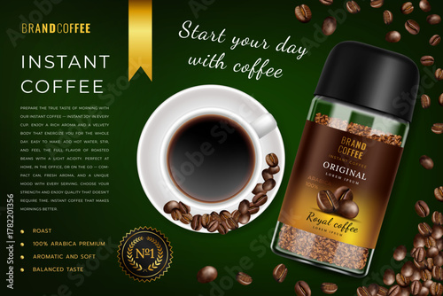 Instant coffee ad banner. 3D glass bottle and ceramic cup. Arabica premium brand. Roasted beans packaging. Rich aroma advertising. Mug of liquid. Morning drink. Vector black beverage poster template