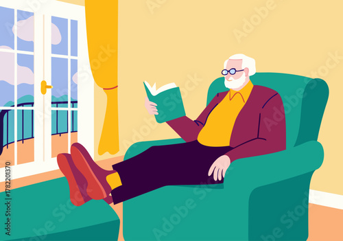 Senior Man Reading Book by Window in Cozy Armchair