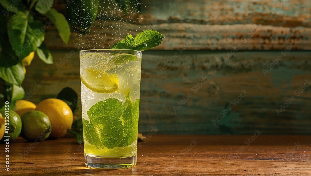 Obraz premium Lemonade infused with fresh mint in a glass, ideal for refreshing summer drinks