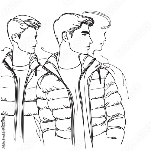 Abstract sketch fashion male in down jacket, winter illustration