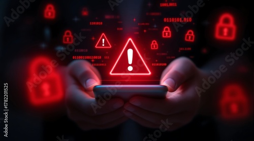 Mobile security alert warning on smartphone with red lock icons cyber security threat protection concept