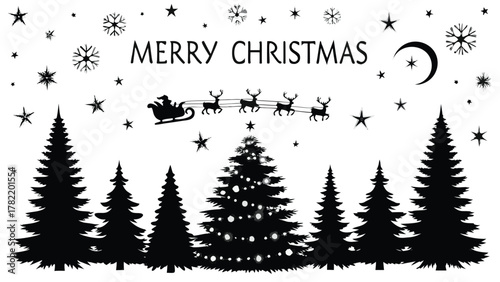 Merry christmas greeting with santa claus in his sleigh pulled by reindeer flying over silhouetted pine trees and festive stars