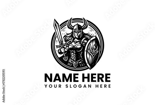 Majestic Armored Female Warrior Logo with Sword and Shield – A Striking Symbol of Power, Bravery, and Resilience for Medieval Themes, Gaming Clans, and Esport Branding