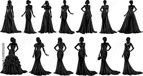 Elegant women silhouettes in luxurious evening gowns, fashion models posing in stylish long dresses, beauty illustration for couture, wedding and formal wear design