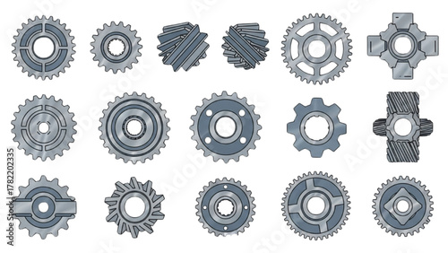 A detailed set of various industrial metal gears, cogs, and sprockets for mechanical concepts