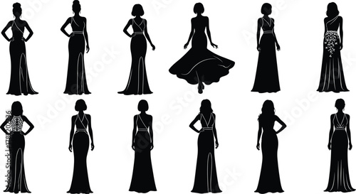 Elegant women silhouettes in evening gowns, fashion model poses, stylish long dresses collection, beauty illustration for design, wedding and couture inspiration