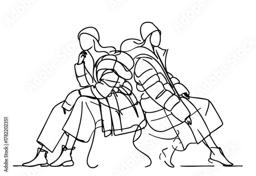 Abstract sketch fashion models in down jacket, glamour winter illustration