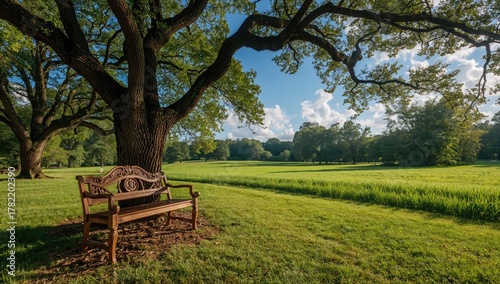 Fototapeta Naklejka Na Ścianę i Meble -  A wooden bench sits under oak trees on a grassy lawn, ideal for relaxation on a sunny summer day