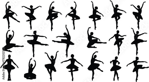 Silhouette ballerinas in ballet poses, black outline figures, classical dance movements, minimal vector design, graceful posture concept, performing arts illustration, choreography reference
