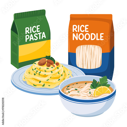 Rice Pasta and Noodles Illustration Packed and Served, A Culinary Delight