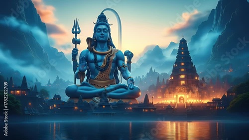 Meditating deity statue sits serenely amidst a vibrant fantasy landscape with mountains and ancient architecture featuring bright colors and dramatic lighting