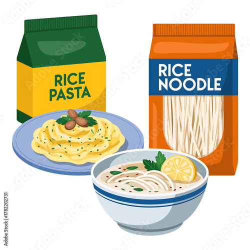 Rice Noodles and Pasta A Culinary Exploration in Asian Vegetarian Cuisine with vector illustration for food concept