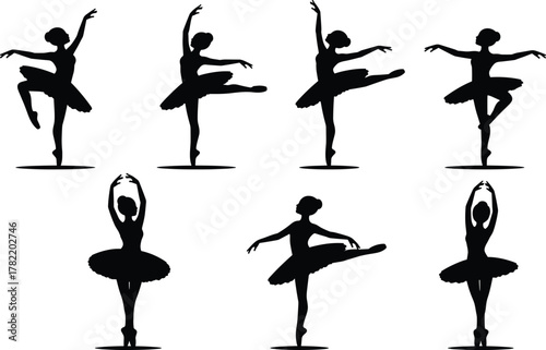 Silhouette ballerinas in ballet poses, black outline figures, classical dance stances, minimal vector design, graceful movement concept, performing arts illustration