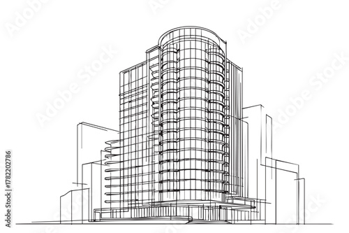 High rise building sketch. Line art