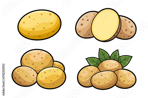 Cartoon Potatoes Illustration A colorful vector set of potatoes, with one sliced in half, perfect for food-themed designs.