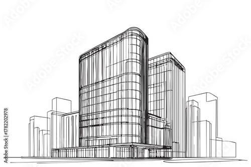 High rise building sketch. Line art