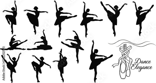 Silhouette ballerinas in ballet poses, pointe shoes illustration, black outline figures, minimal vector design, graceful movement concept, performing arts, dance elegance theme