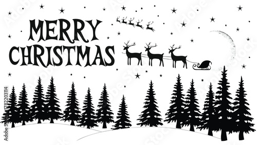 Merry christmas text with santa claus sleigh and reindeer flying over silhouetted pine trees and moonlit night sky