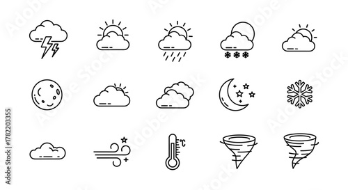 Modern outline style icon set for weather forecasting and design elements, featuring lightning under a cloud, sun behind clouds, rain, snow, moon and stars, snowflake, wind, thermometer, and
